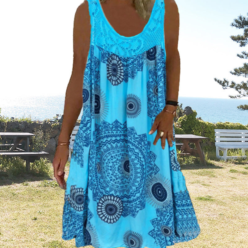 🔥Women Sommer O-Ausschnitt ärmelloses Kleid mit Druck