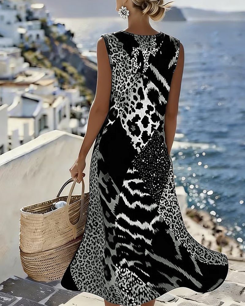 🌞Frühlingserwachen: 50% Rabatt!✨Sommerliches Statement-Kleid: Ärmelloses Midi-Kleid im Animal-Patchwork Look