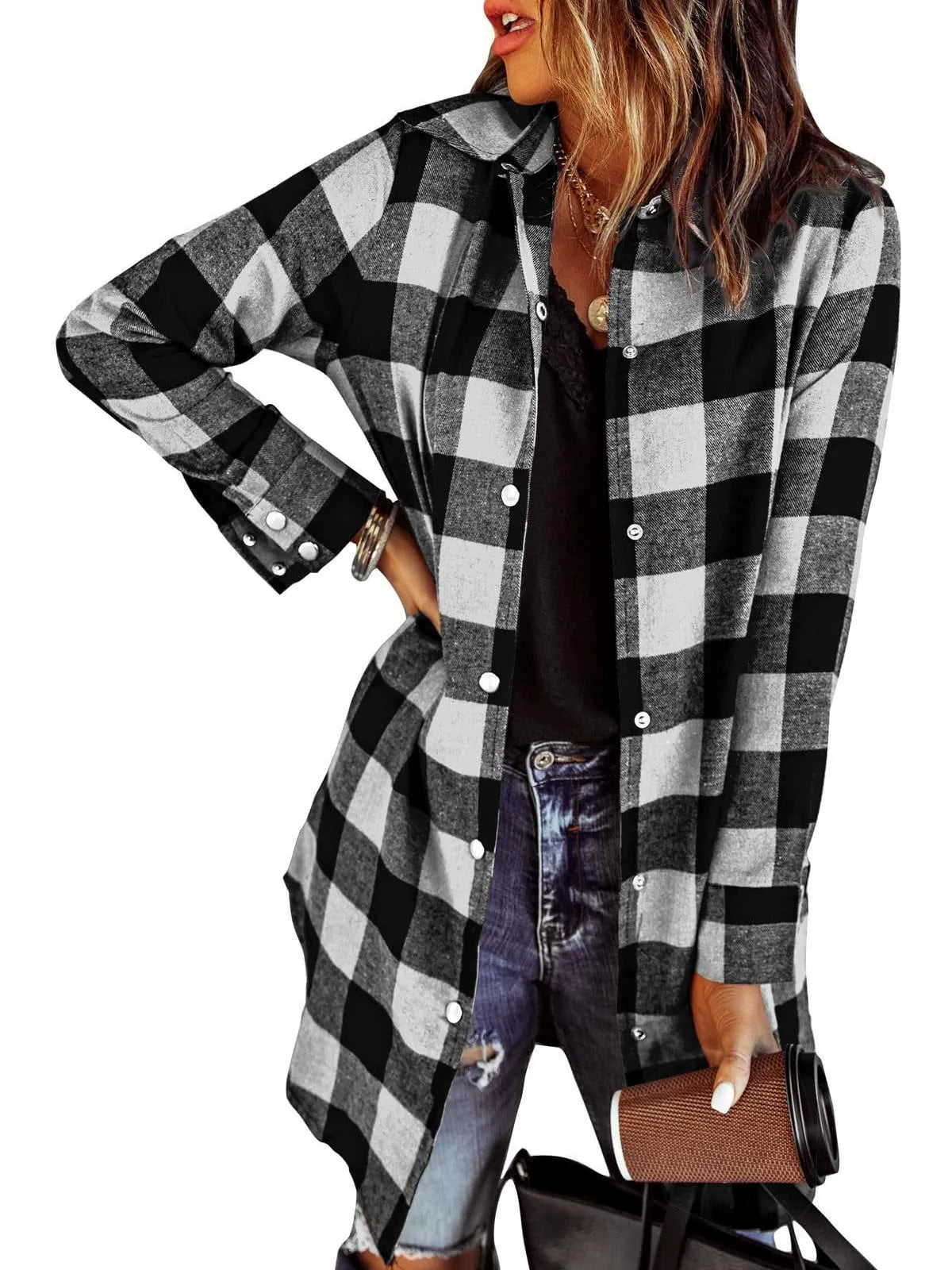 Karierte Langarmhemdjacke für Frauen