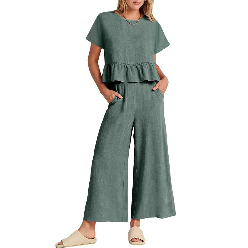Lässiges Damen-Top mit kurzen Ärmeln und Hose mit weitem Bein, 2-teiliges Set