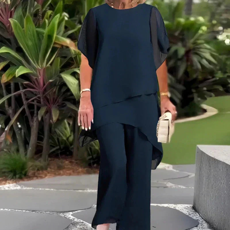 🌞Frühlingserwachen: 50% Rabatt!👗 Damen-Chiffon-Zweiteiler – Asymmetrisches Doppellagiges Top & Weite Hose – Atmungsaktiv & Elegant für Frühling & Urlaub