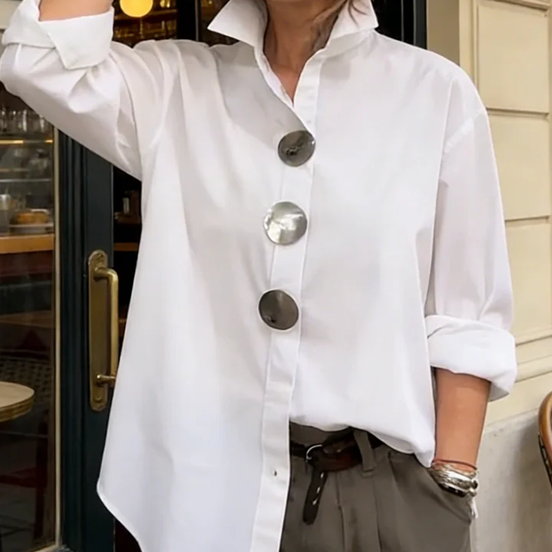 🌞Frühlingserwachen: 50% Rabatt!👚 Damen Oversized Bluse mit großen Metallknöpfen: Stehkragen – Statement-Piece für Büro & Freizeit