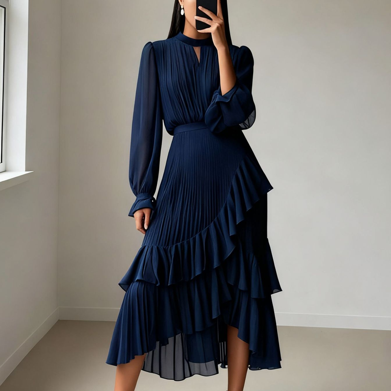 🌞Frühlingserwachen: 50% Rabatt!✨ Damen Plissee-Midikleid mit Volants & Schlüsselloch-Ausschnitt: Transparente Ärmel + taillierte Passform – Elegant für Gala & Abendveranstaltungen
