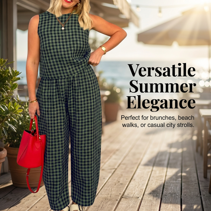 Summer Gingham Print Tank and Trousers Outfit